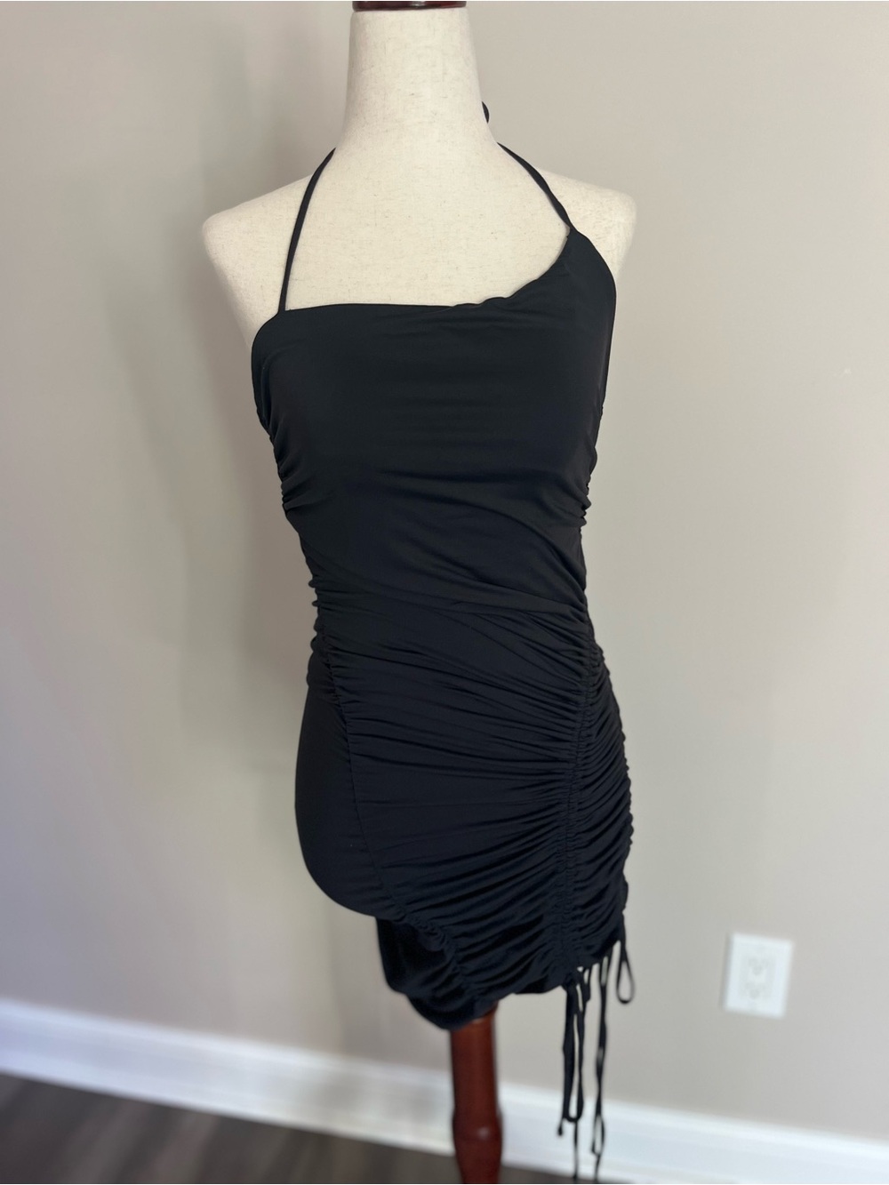 Black Asymmetrical Ruched Halter Mini Dress
